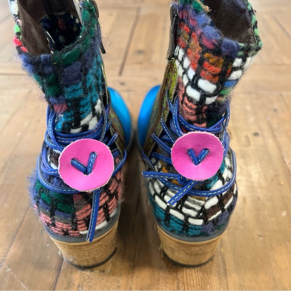 Socofy Women's Splicing Bohemia Leather Knit Block Heel Ankle Boots Blue US 6.5 - Picture 5 of 12